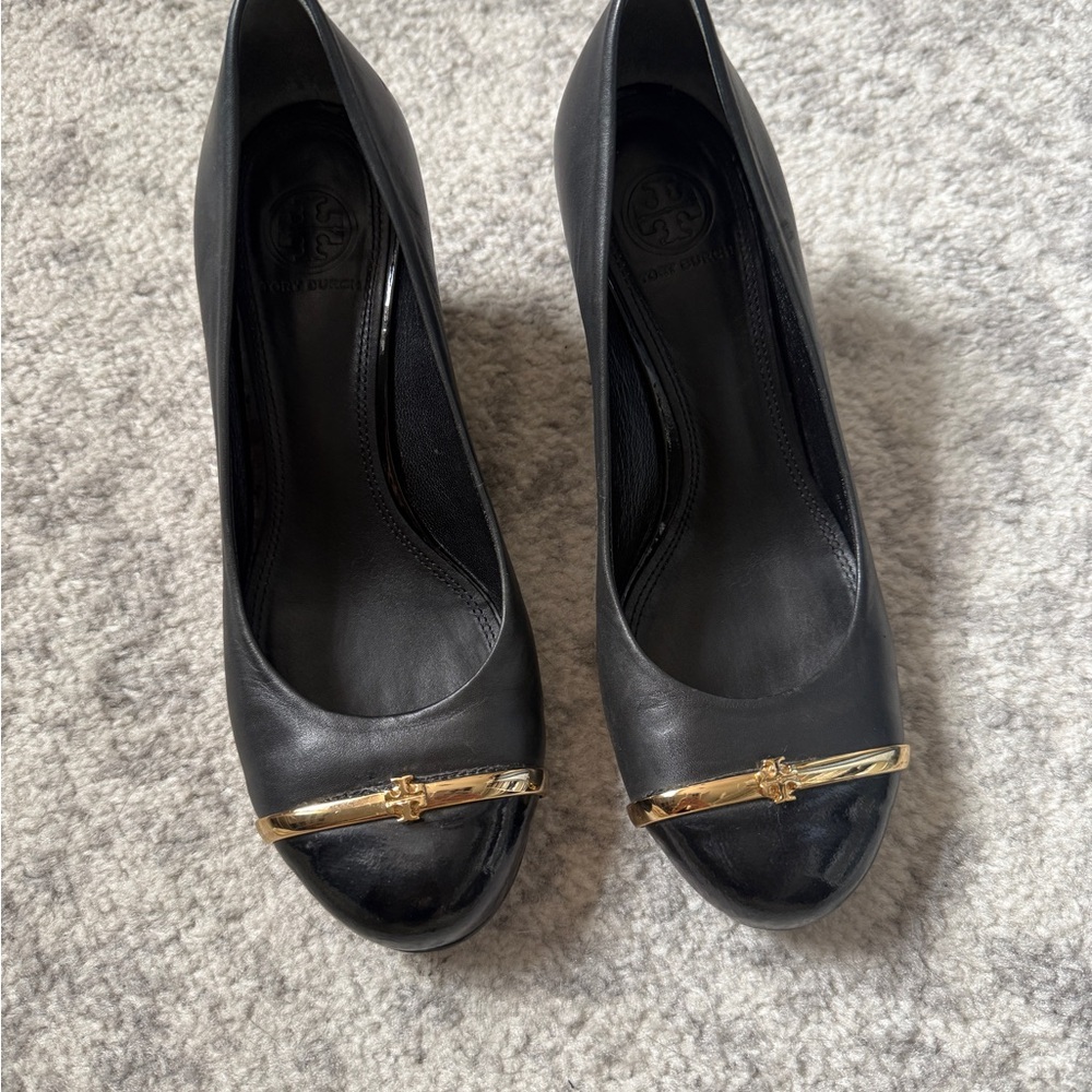 Tory Burch Black Leather Wedge Pumps with Gold Logo